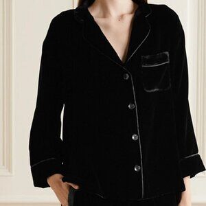 Sleepy Jones Marina Grosgrain-trimmed Silk Blend Black Velvet Pajama Shirt S